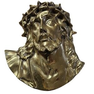 Vintage Brass Jesus Christ Wall Plaque Religious Art Crown Thorns Christian Deco